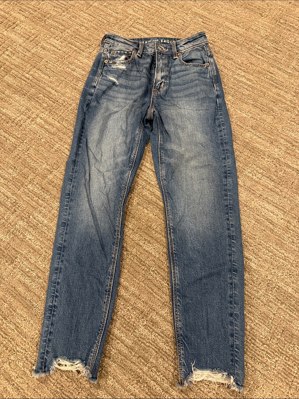 American Eagle Outfitters Medium Blue Slim Straight Jeans with Distressed Hem